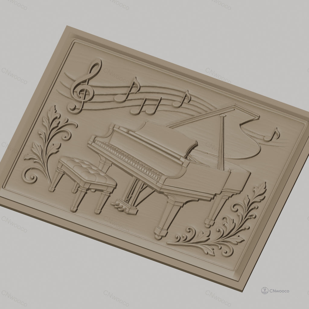 Fichier CNC & impression 3D piano à queue, notes de musique avec feuilles décoratives, haute qualité relief STL