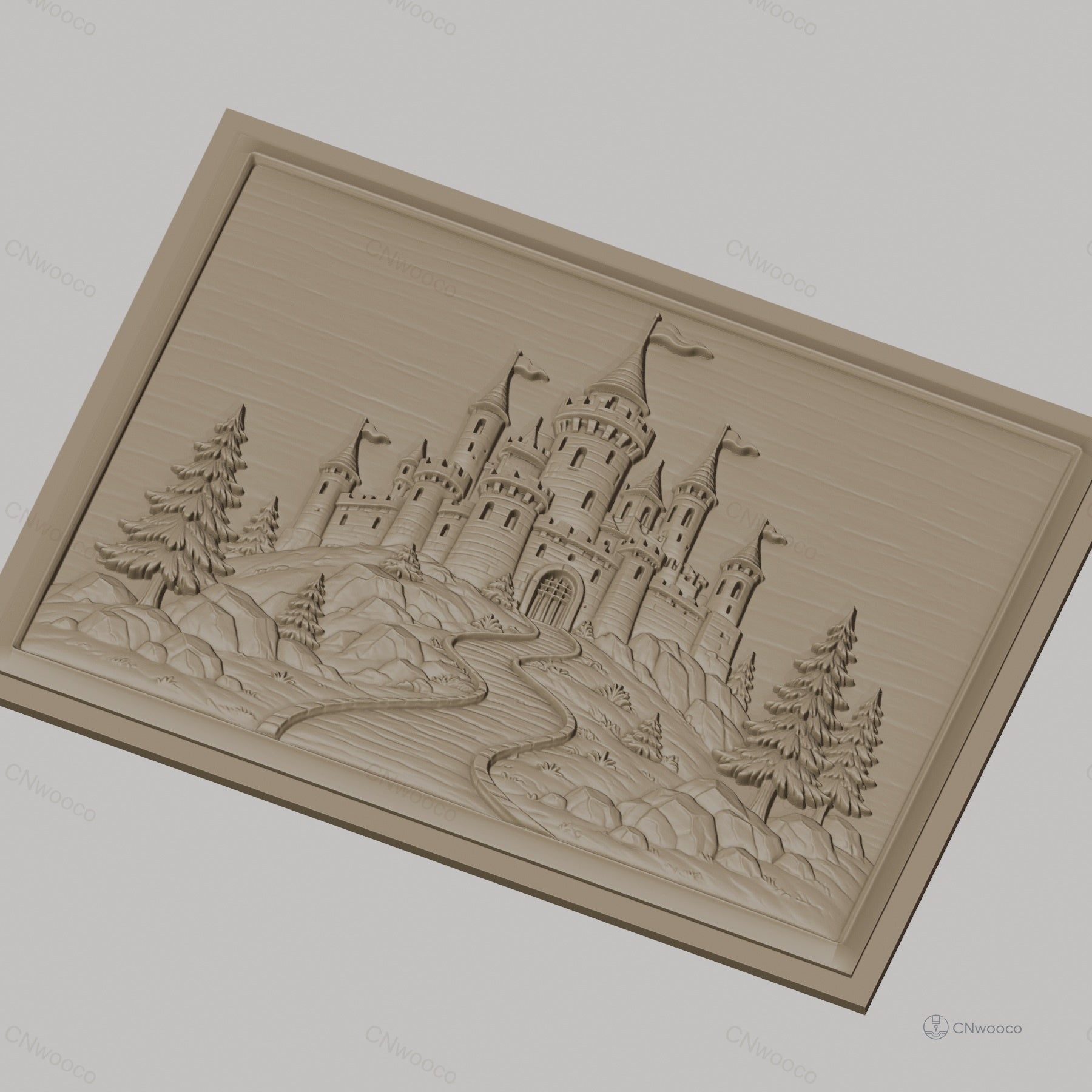 Fichier CNC & impression 3D château féerique, route sinueuse, arbres et rochers, haute qualité relief STL