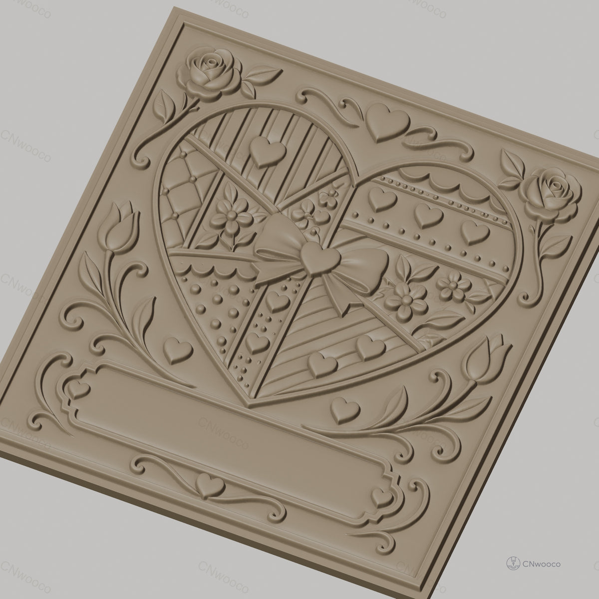 Fichier CNC & impression 3D cœur patchwork avec roses et nœud, haute qualité relief STL