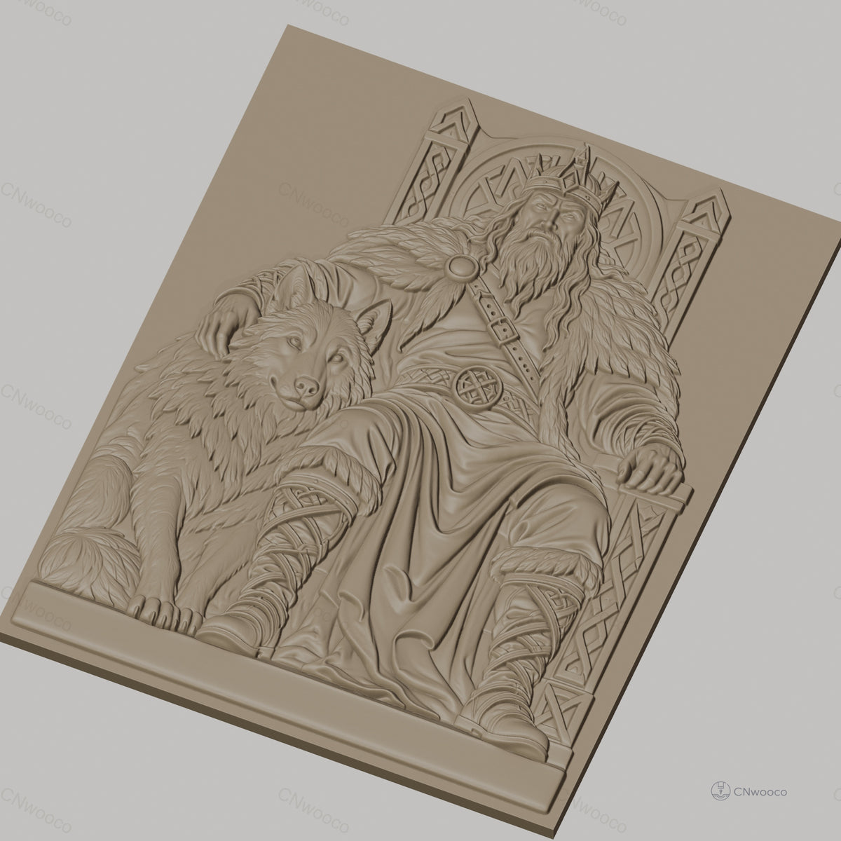 Fichier CNC & impression 3D roi viking sur trône avec loup, haute qualité relief STL