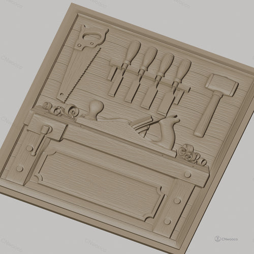 Fichier CNC & impression 3D atelier de menuiserie, établi, rabot, marteau, ciseaux à bois, scie, haute qualité relief STL