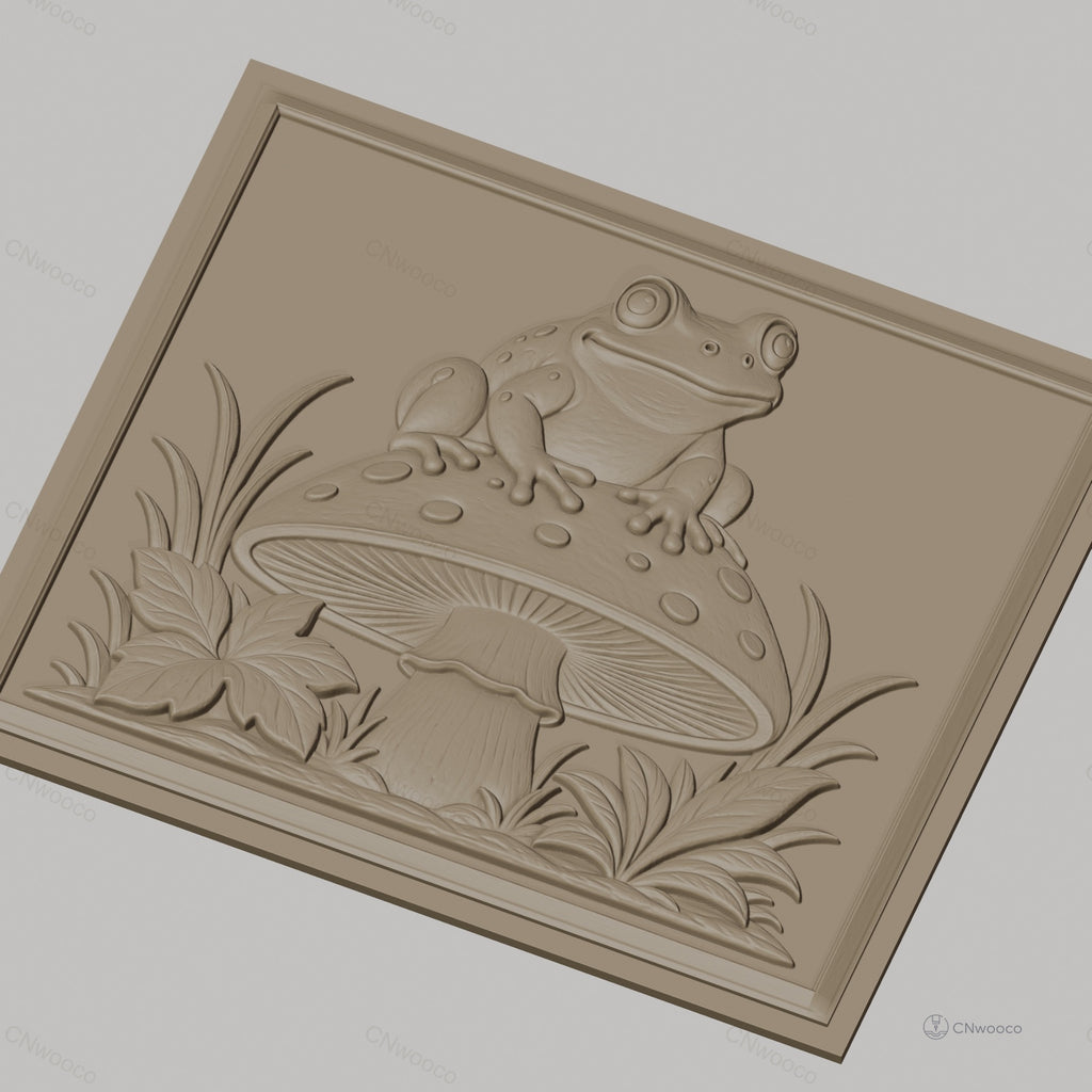 Fichier CNC & impression 3D Grenouille sur champignon, feuilles et herbes décoratives, haute qualité relief STL