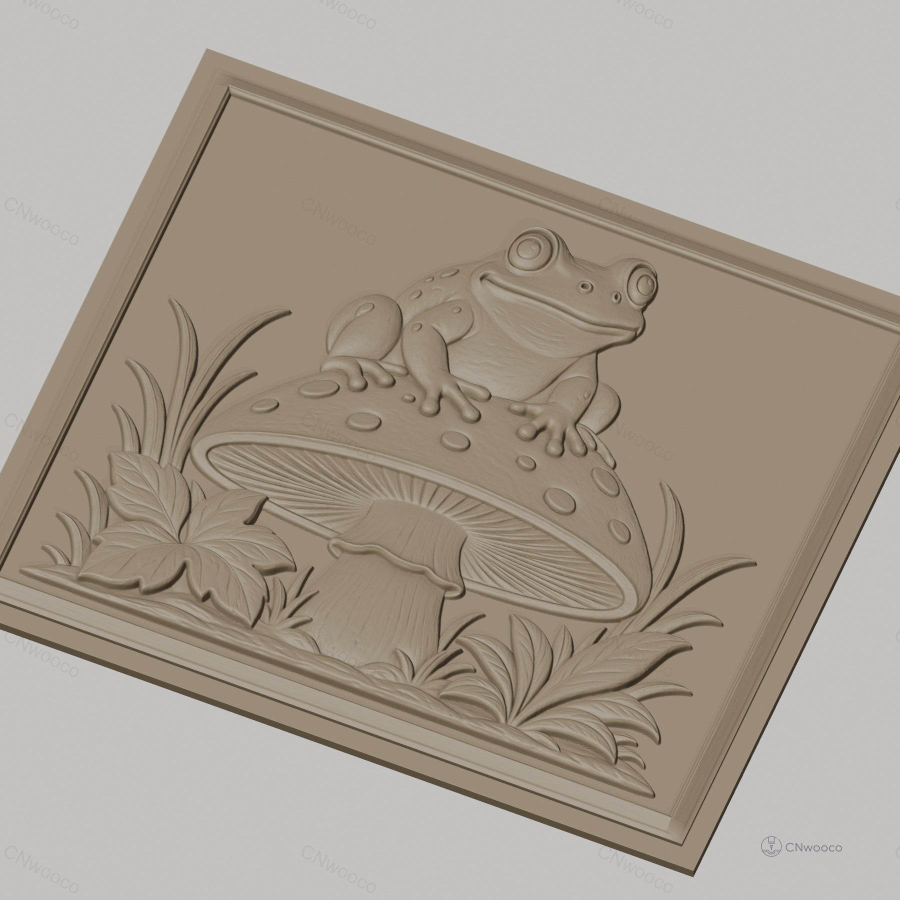 Fichier CNC & impression 3D Grenouille sur champignon, feuilles et herbes décoratives, haute qualité relief STL