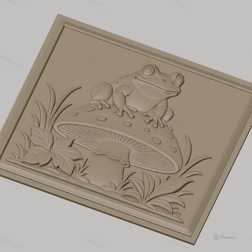 Fichier CNC & impression 3D Grenouille sur champignon, feuilles et herbes décoratives, haute qualité relief STL