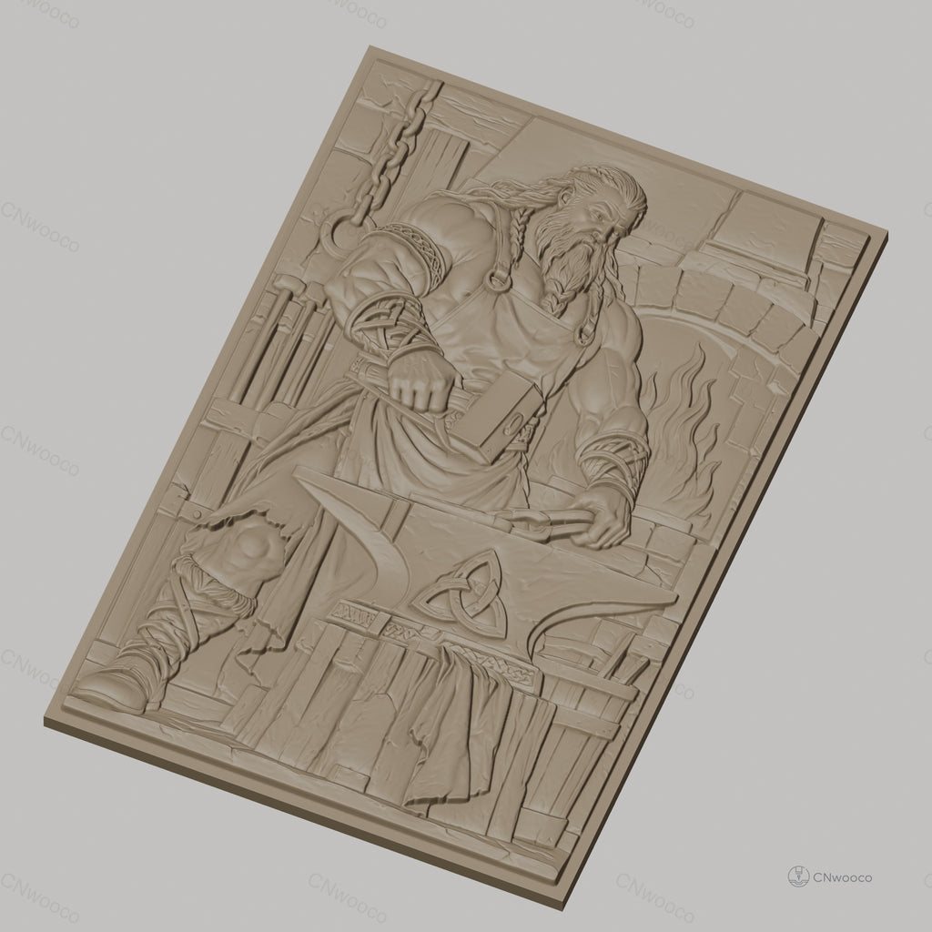 Fichier CNC & impression 3D forgeron viking avec enclume et feu, haute qualité relief STL