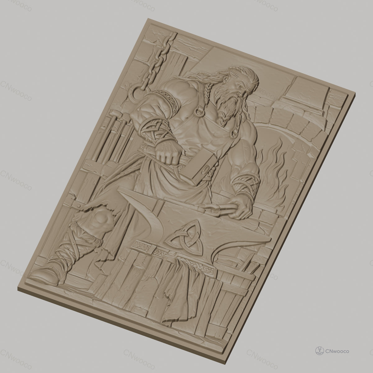 Fichier CNC & impression 3D forgeron viking avec enclume et feu, haute qualité relief STL