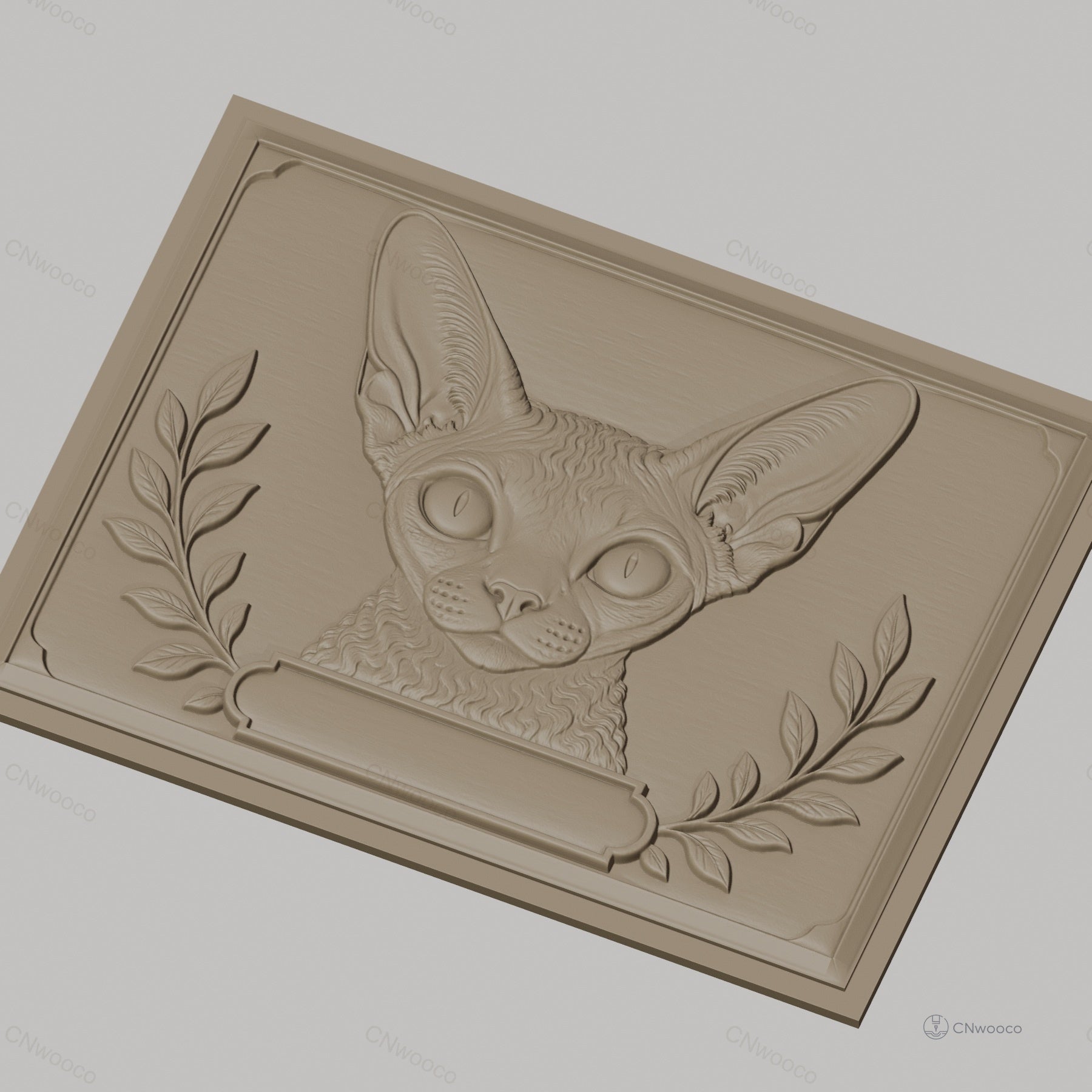 Fichier CNC & impression 3D chat Sphynx, relief animalier décor avec feuilles, haute qualité relief STL