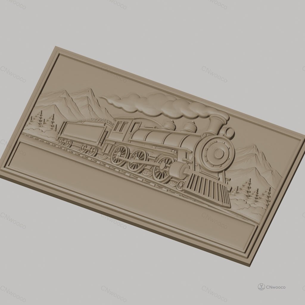 Fichier CNC & impression 3D locomotive à vapeur, train historique sur rails avec paysage montagnard, haute qualité relief STL