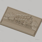 Fichier CNC & impression 3D locomotive à vapeur, train historique sur rails avec paysage montagnard, haute qualité relief STL