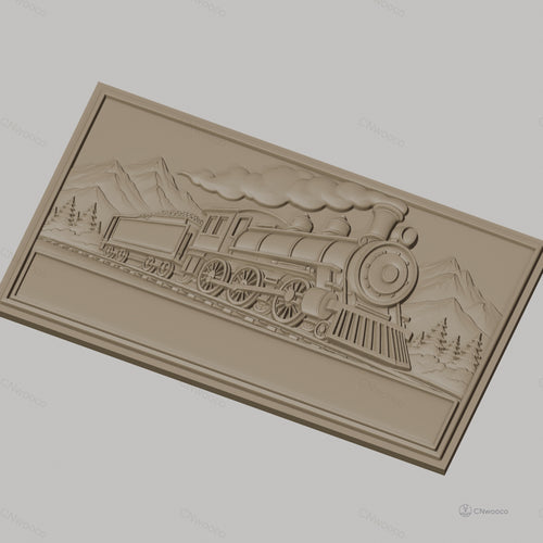 Fichier CNC & impression 3D locomotive à vapeur, train historique sur rails avec paysage montagnard, haute qualité relief STL