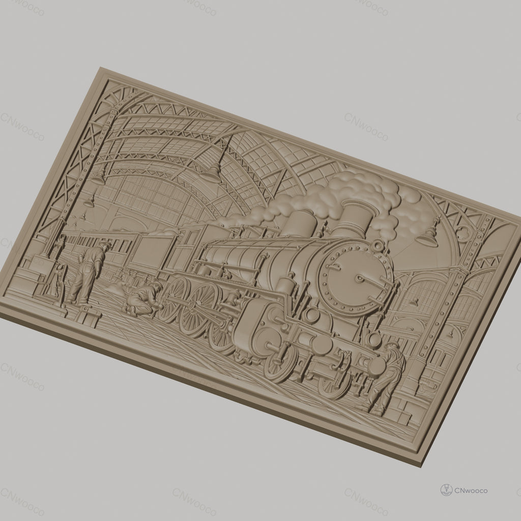 Fichier CNC & impression 3D locomotive à vapeur, gare vintage avec ouvriers, haute qualité relief STL