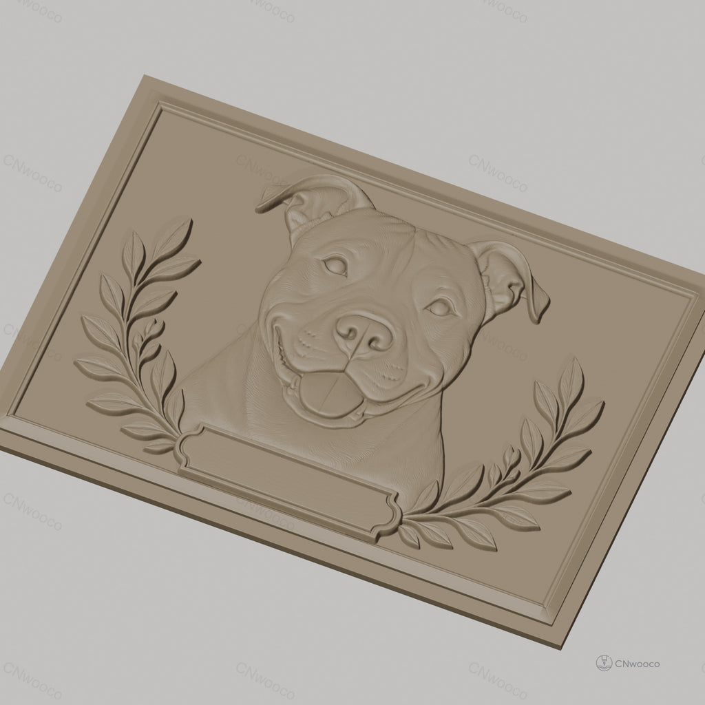 Fichier CNC & impression 3D portrait de chien American Staffordshire avec cadre et feuilles, haute qualité relief STL