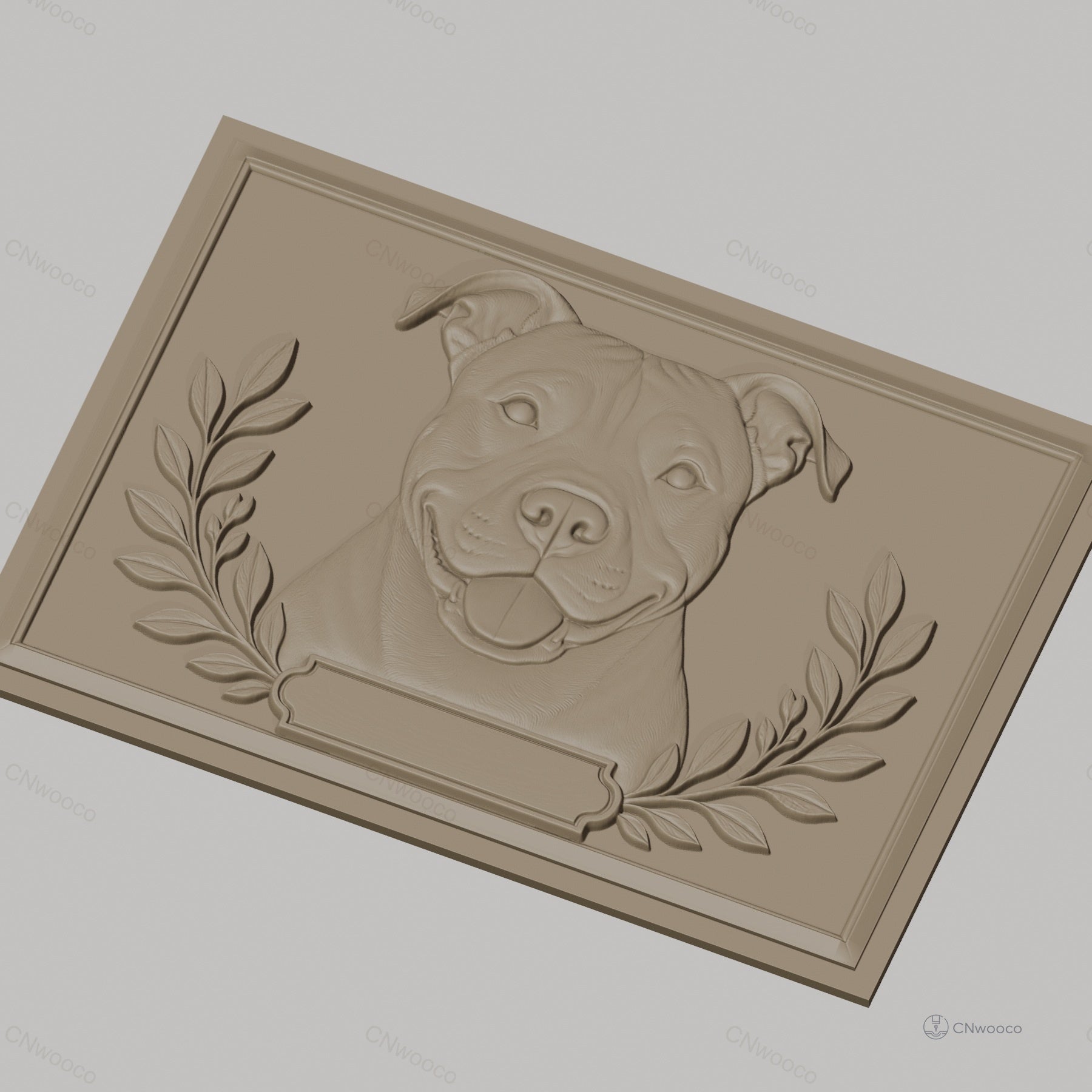 Fichier CNC & impression 3D portrait de chien American Staffordshire avec cadre et feuilles, haute qualité relief STL