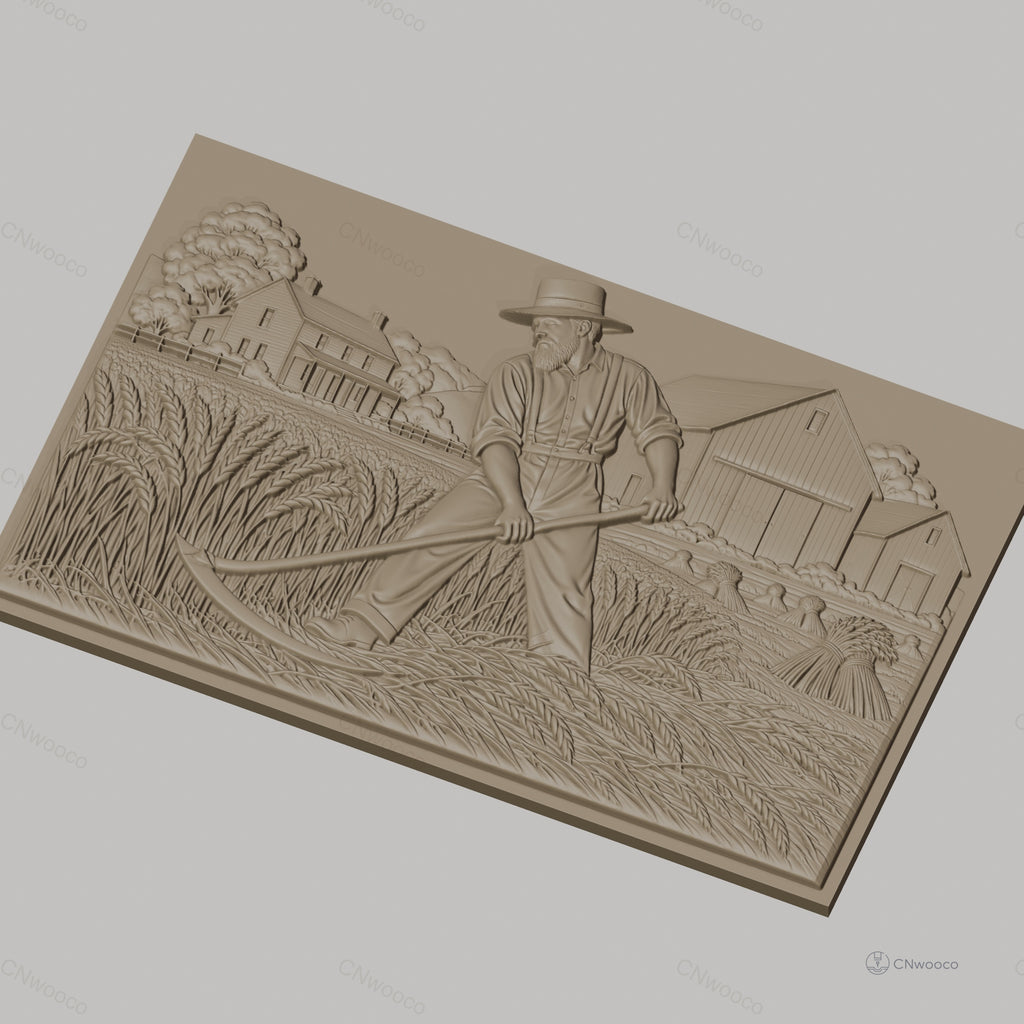 Fichier CNC & impression 3D moisson, fermier avec faux, grange et maison, haute qualité relief STL