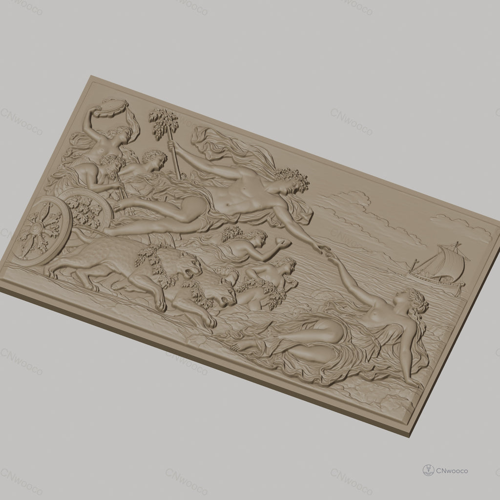 Fichier CNC & impression 3D scène mythologique Apollon et déesse, chars, léopards et bateau, haute qualité relief STL