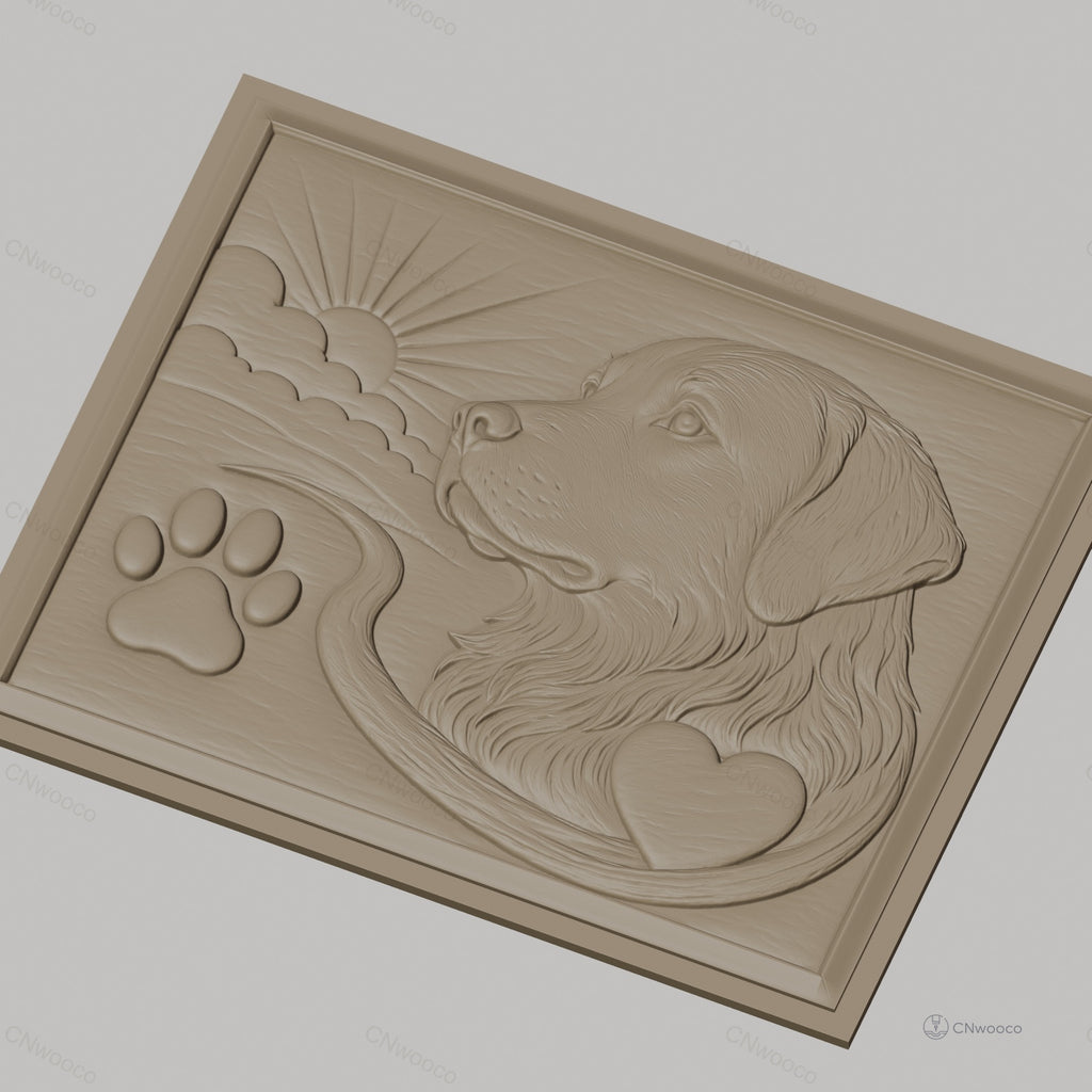 Fichier CNC & impression 3D chien Golden Retriever, patte, cœur et soleil, haute qualité relief STL