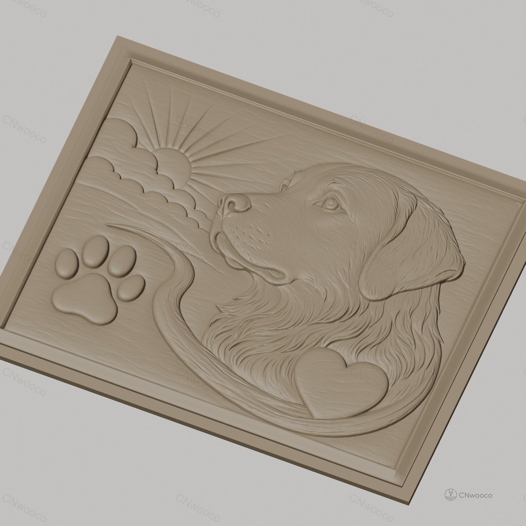 Fichier CNC & impression 3D chien Golden Retriever, patte, cœur et soleil, haute qualité relief STL