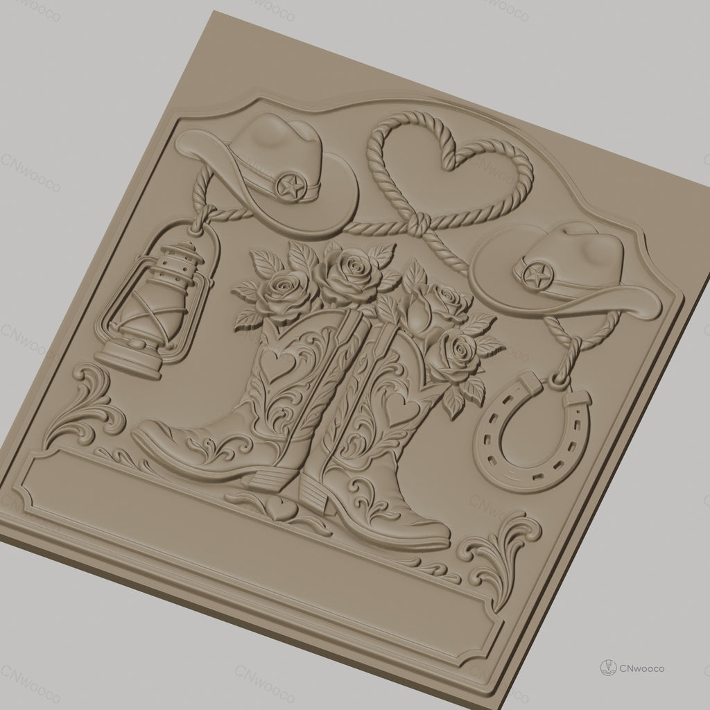 Fichier CNC & impression 3D thème western, bottes de cow-boy, chapeaux, lasso en forme de cœur, lanterne et fer à cheval, haute qualité relief STL