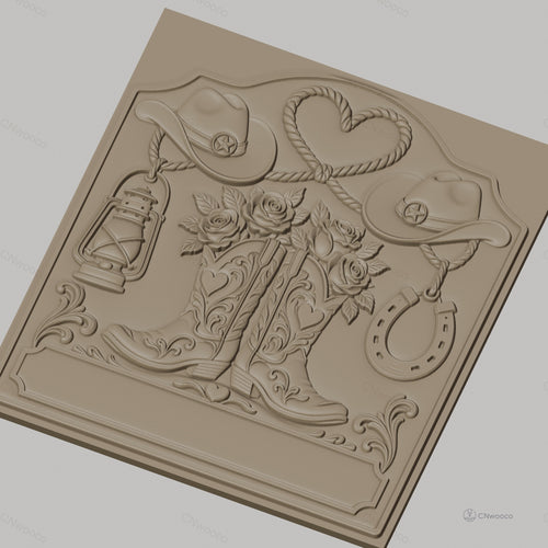 Fichier CNC & impression 3D thème western, bottes de cow-boy, chapeaux, lasso en forme de cœur, lanterne et fer à cheval, haute qualité relief STL