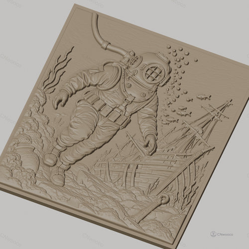 Fichier CNC & impression 3D plongeur en scaphandre, épave de bateau et poissons, haute qualité relief STL