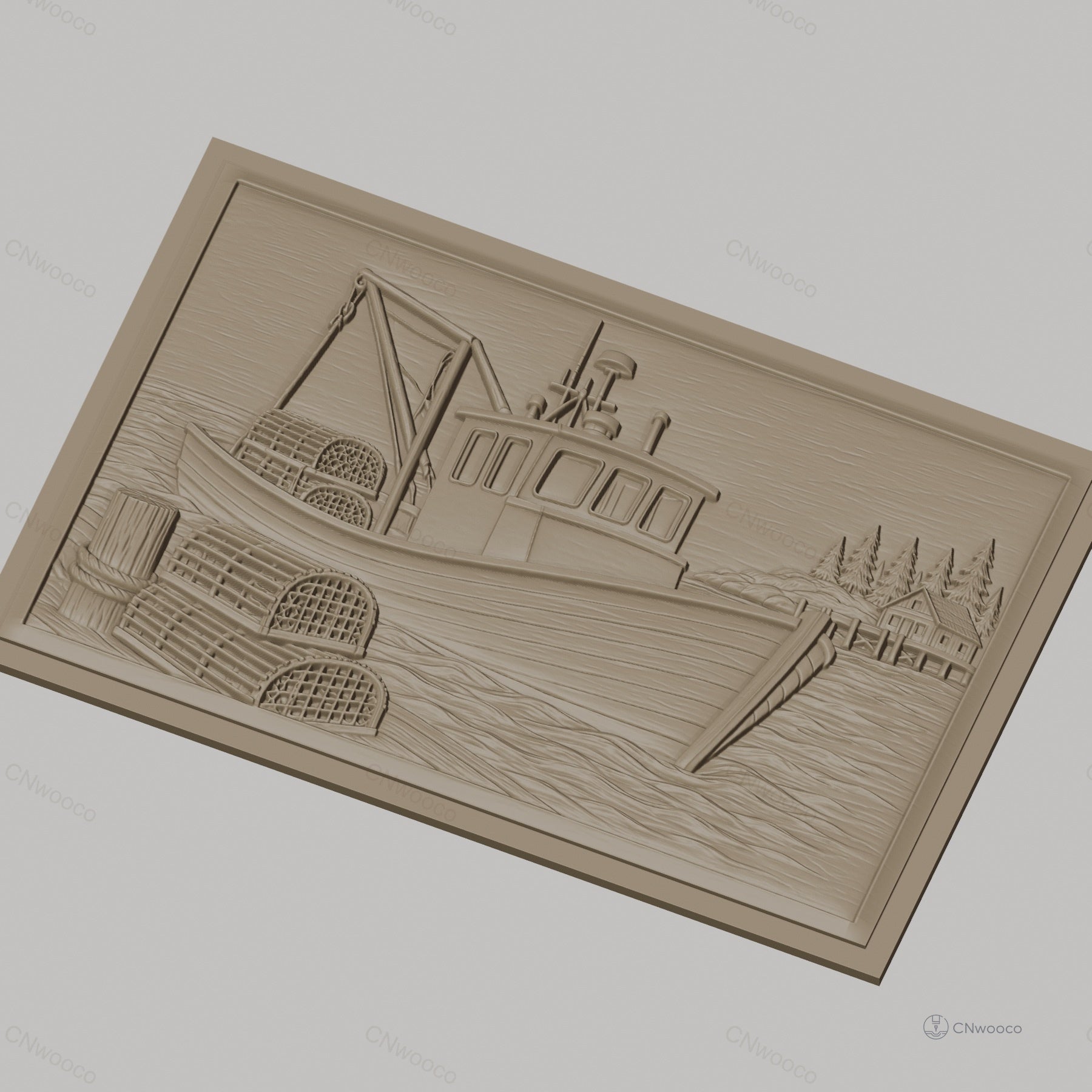 Fichier CNC & impression 3D bateau de pêche, casiers à homard, maison de bord de mer, haute qualité relief STL