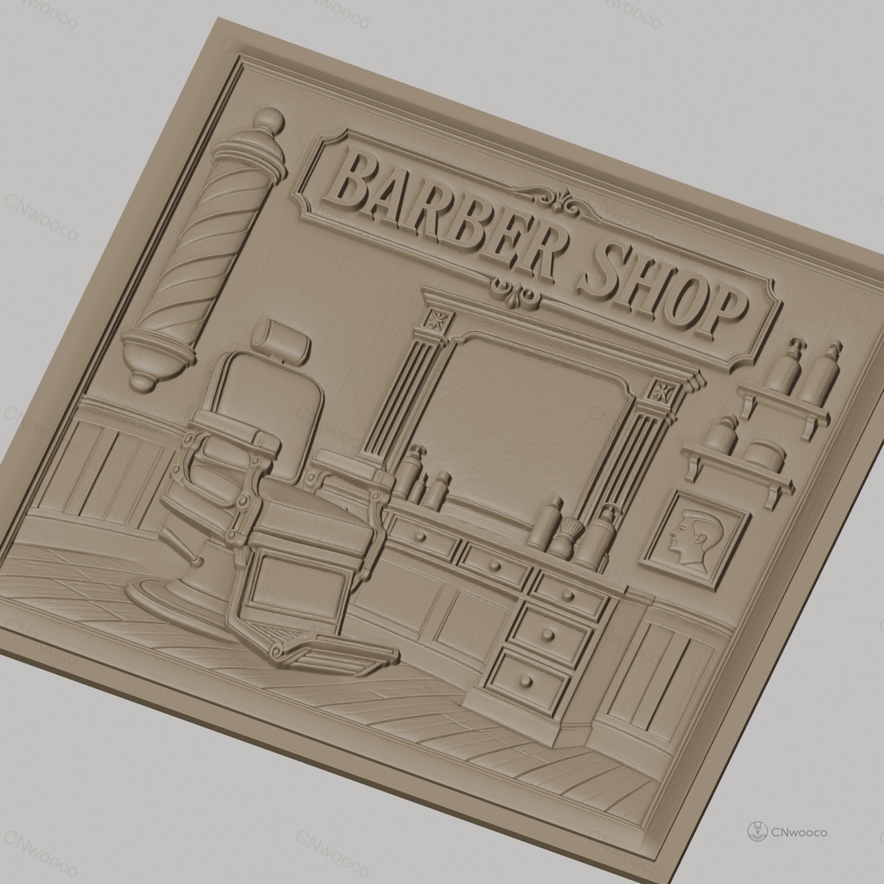Fichier CNC & impression 3D salon de coiffure, fauteuil barbier, miroir, enseigne Barber Shop haute qualité relief STL