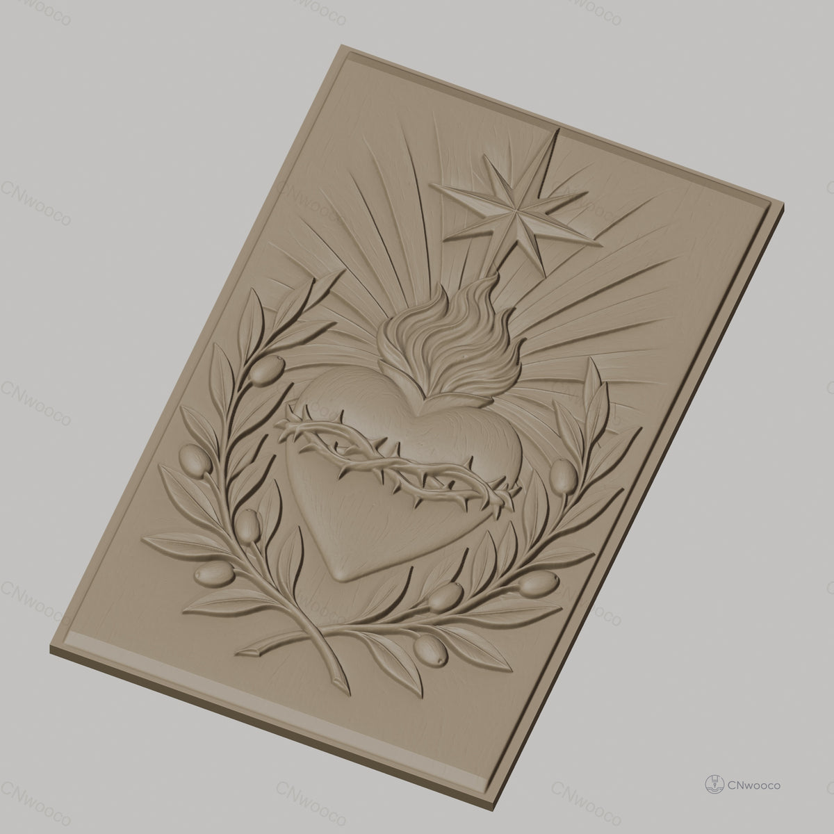 Fichier CNC & impression 3D Sacré-Cœur, couronne d'épines, flamme et feuilles d'olivier, haute qualité relief STL