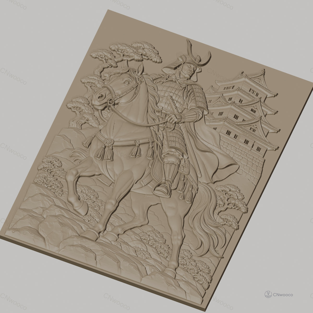 Fichier CNC & impression 3D samouraï à cheval, château japonais, arbres et rochers, haute qualité relief STL