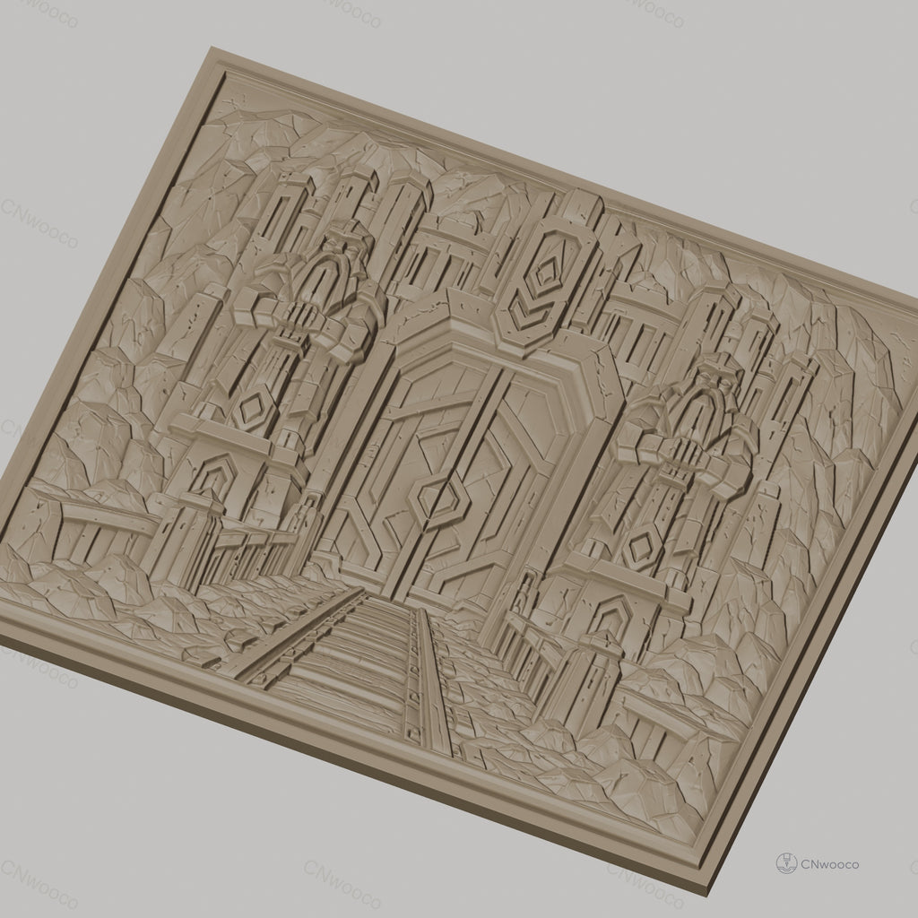 Fichier CNC & impression 3D porte naine gardée par statues, relief de montagne et rails, haute qualité relief STL