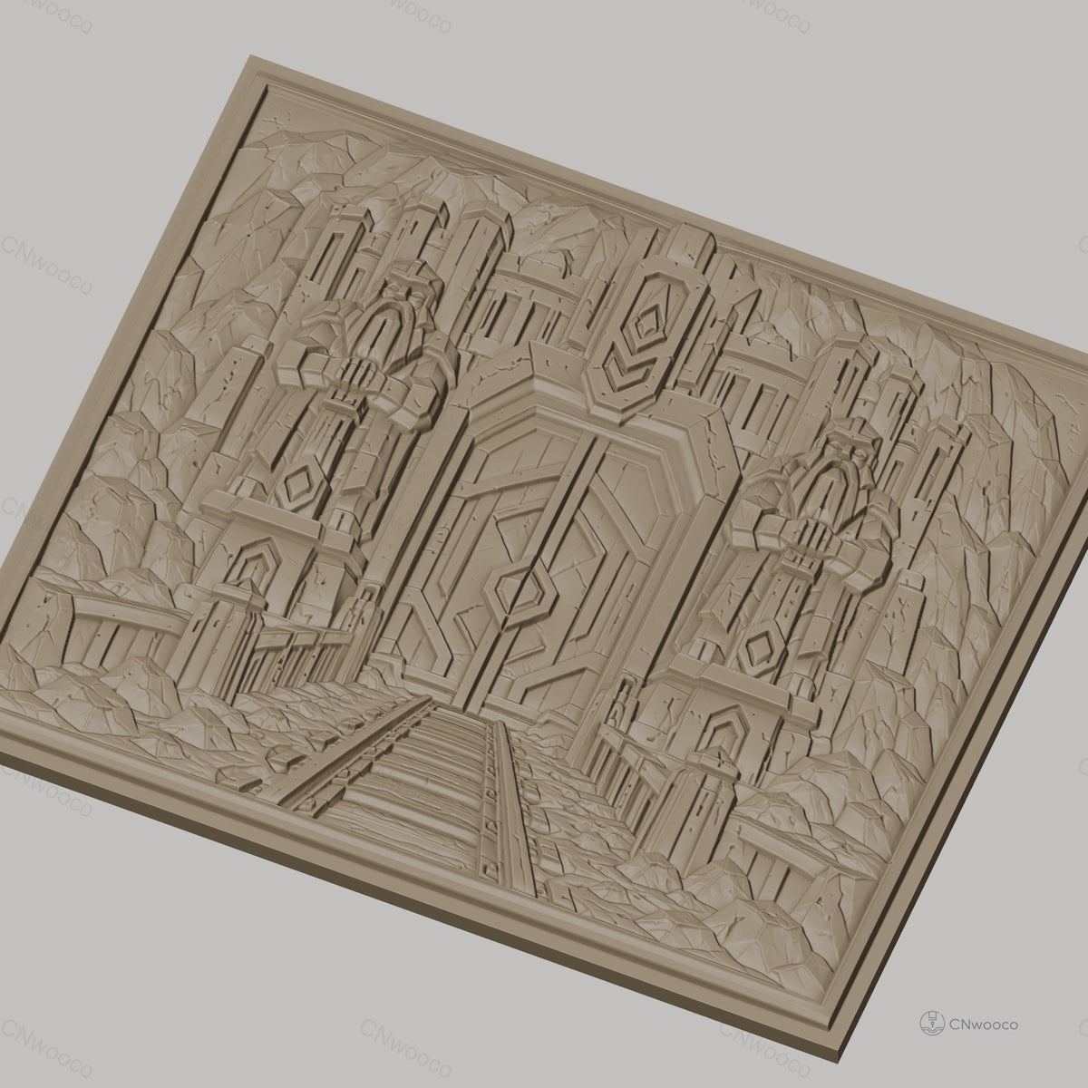 Fichier CNC & impression 3D porte naine gardée par statues, relief de montagne et rails, haute qualité relief STL