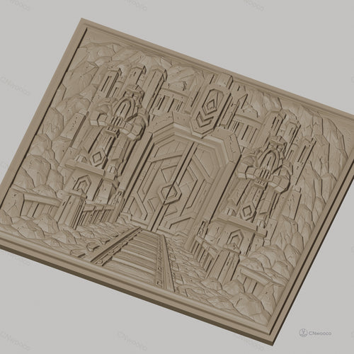 Fichier CNC & impression 3D porte naine gardée par statues, relief de montagne et rails, haute qualité relief STL