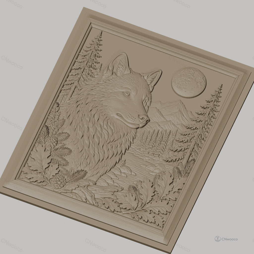 Fichier CNC & impression 3D loup sauvage, paysage nature, montagne, forêt, pleine lune, haute qualité relief STL