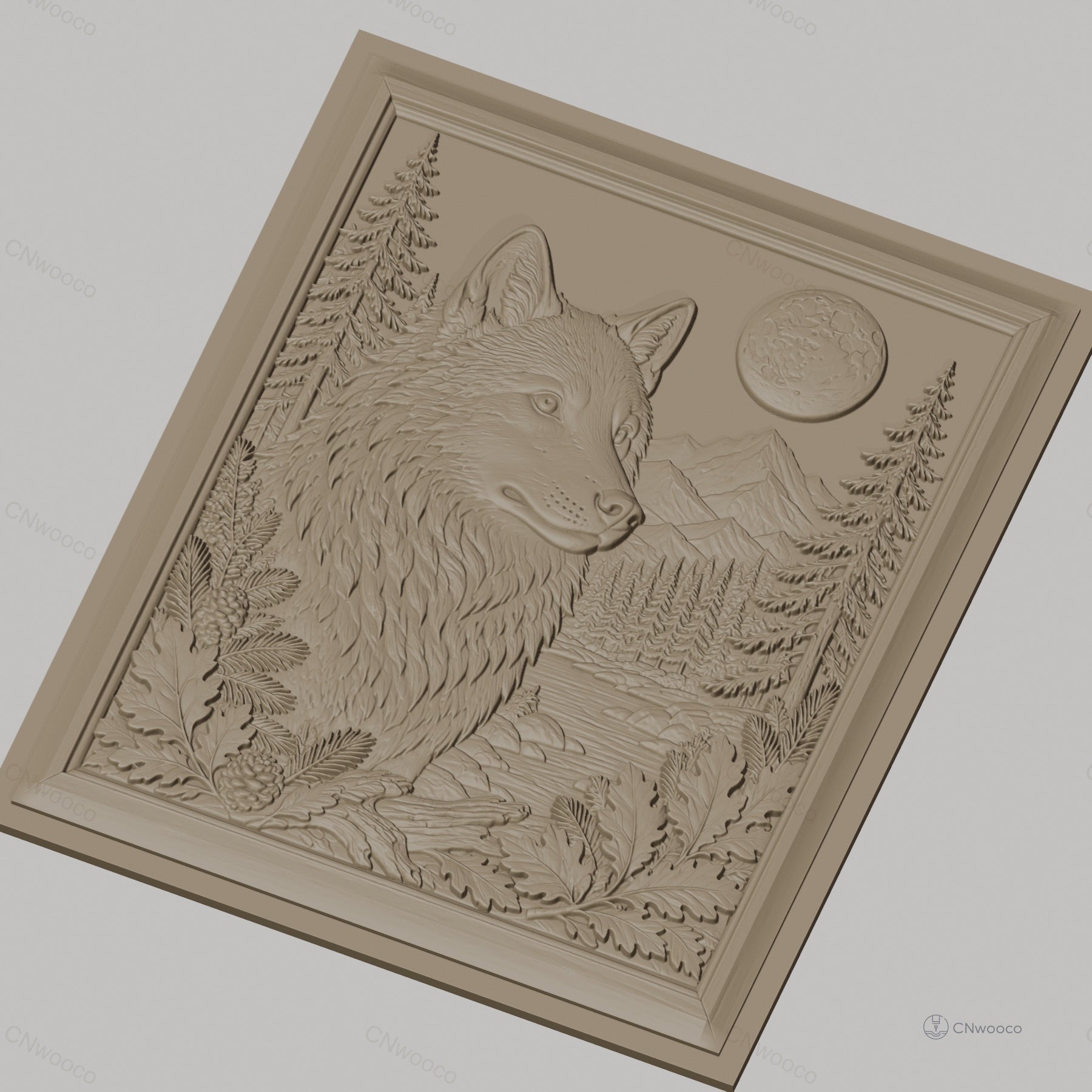Fichier CNC & impression 3D loup sauvage, paysage nature, montagne, forêt, pleine lune, haute qualité relief STL