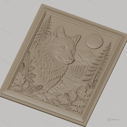 Fichier CNC & impression 3D loup sauvage, paysage nature, montagne, forêt, pleine lune, haute qualité relief STL