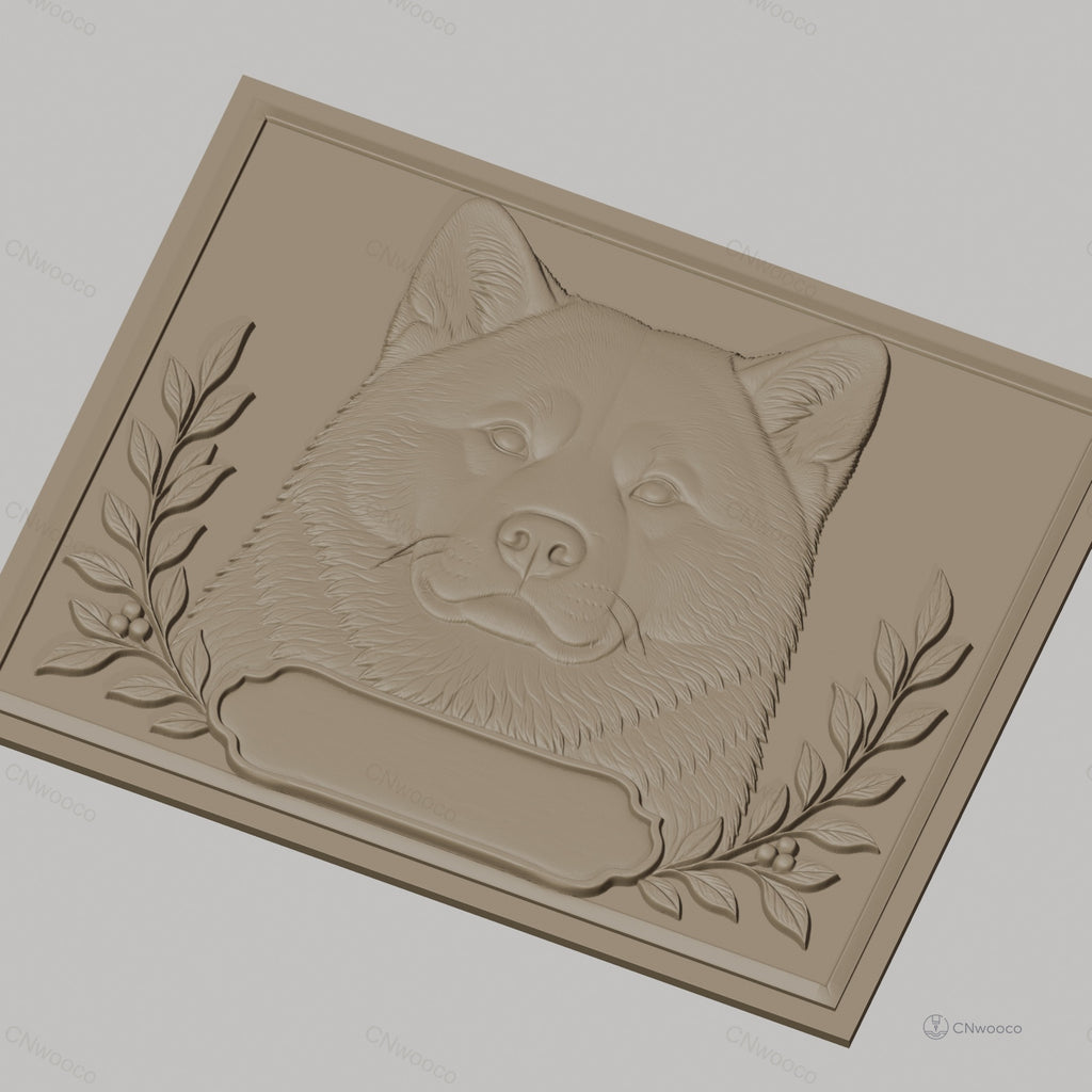 Fichier CNC & impression 3D chien Akita, tête en relief avec branche de feuilles, haute qualité relief STL