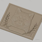 Fichier CNC & impression 3D chien Akita, tête en relief avec branche de feuilles, haute qualité relief STL