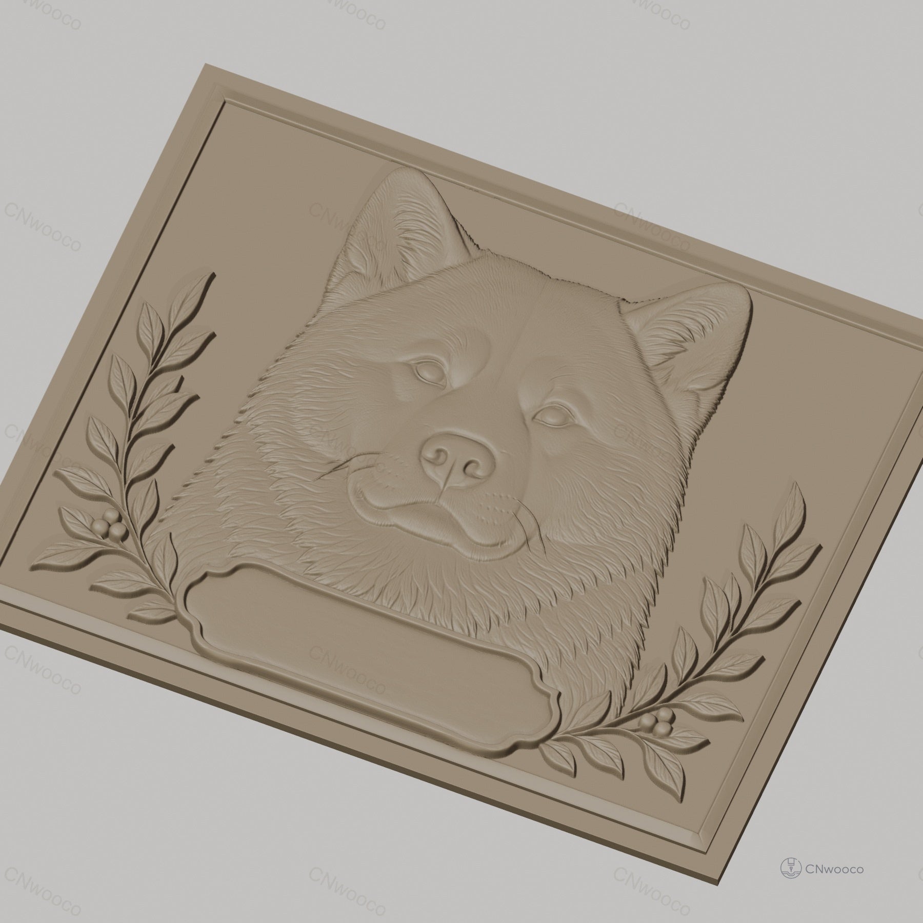 Fichier CNC & impression 3D chien Akita, tête en relief avec branche de feuilles, haute qualité relief STL