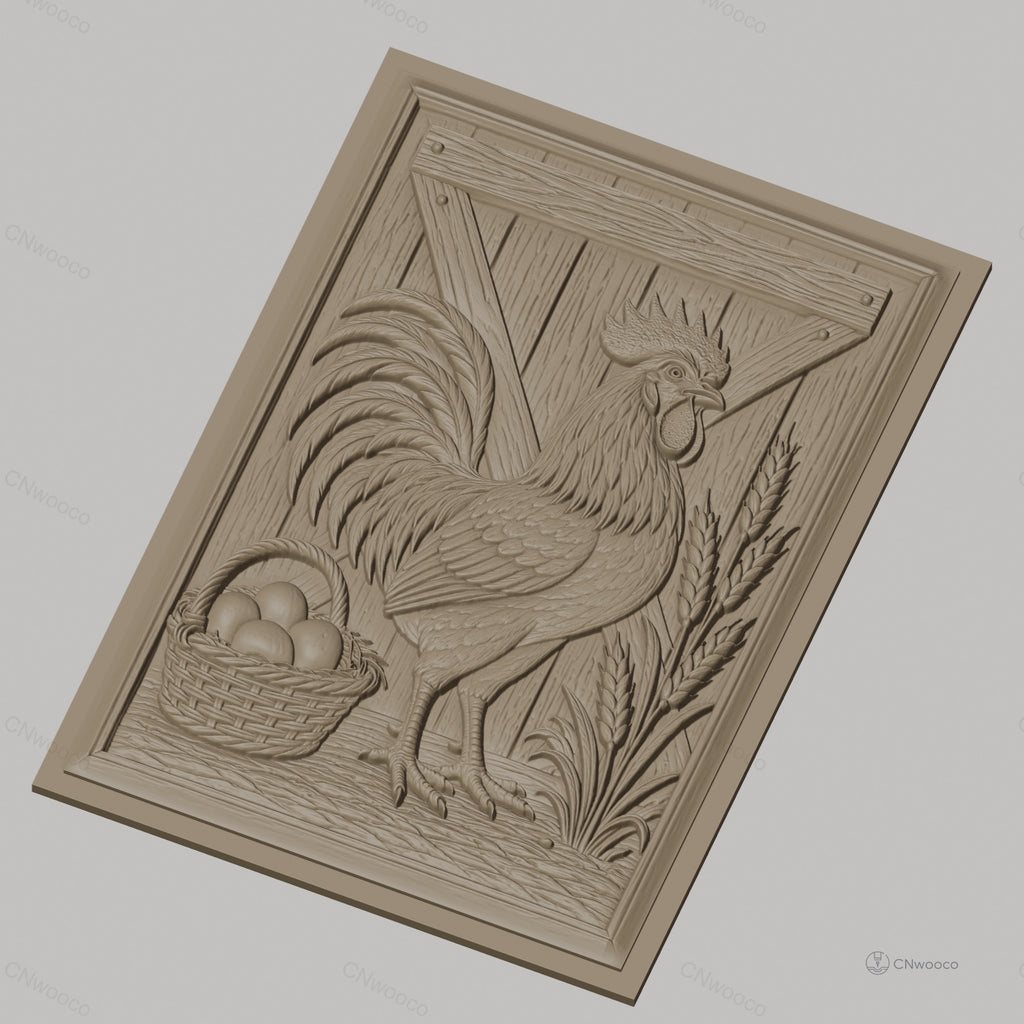 Fichier CNC & impression 3D coq, panier d'œufs et épis de blé, haute qualité relief STL