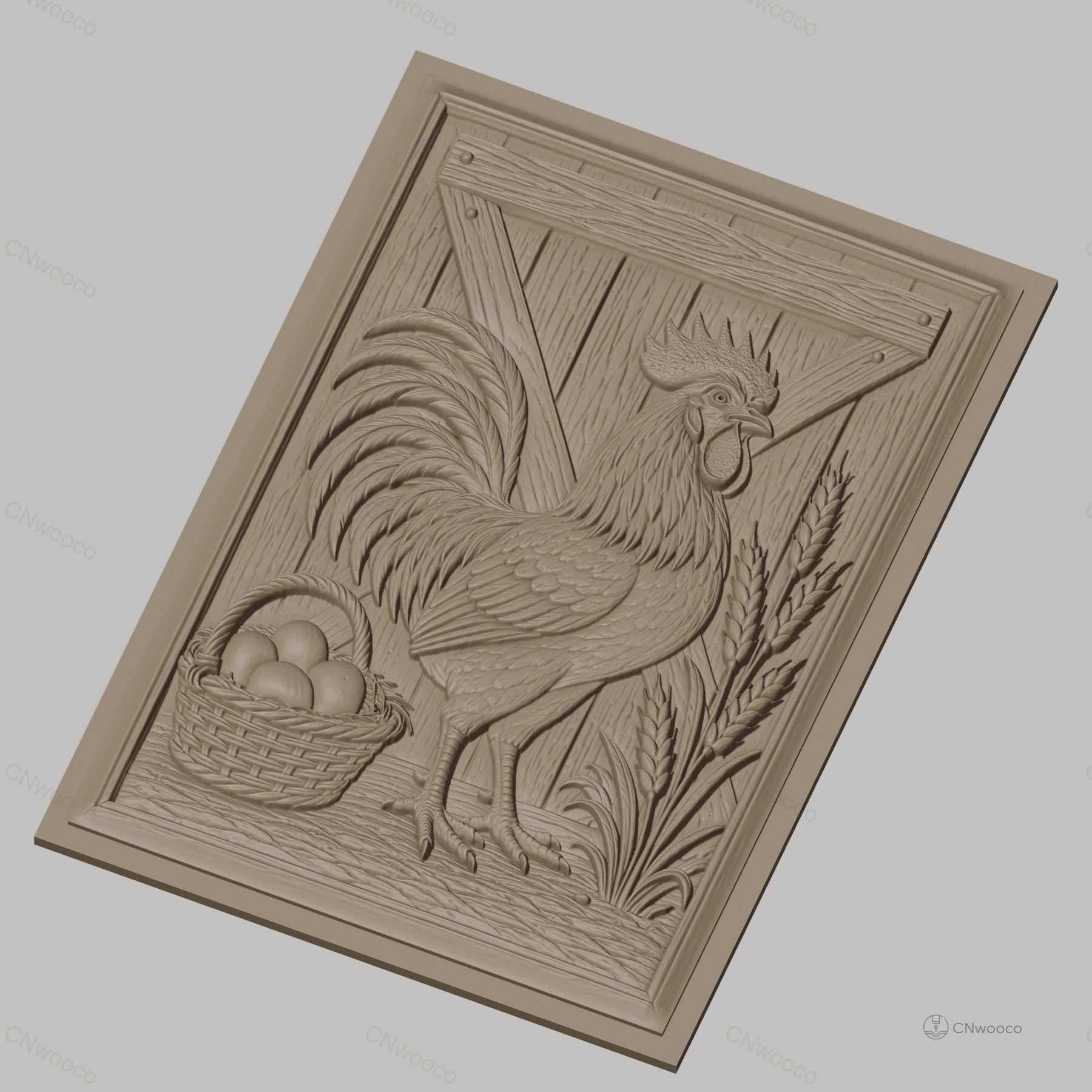 Fichier CNC & impression 3D coq, panier d'œufs et épis de blé, haute qualité relief STL