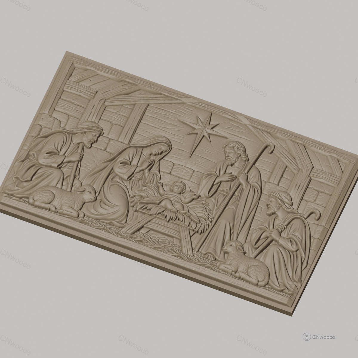 Fichier CNC & impression 3D scène de la crèche, Marie Joseph bébé Jésus étoile et moutons, haute qualité relief STL