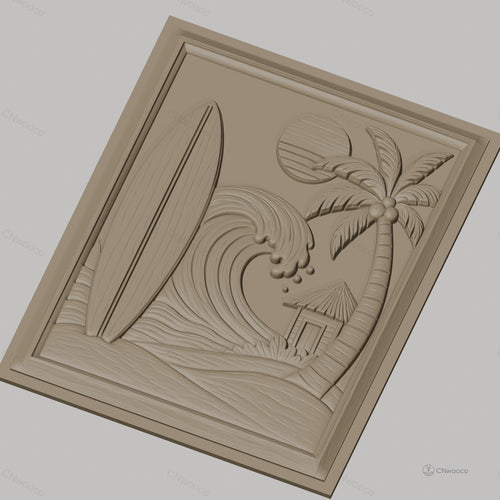 Fichier CNC & impression 3D thème plage, surf, palmier, vague et cabane, haute qualité relief STL