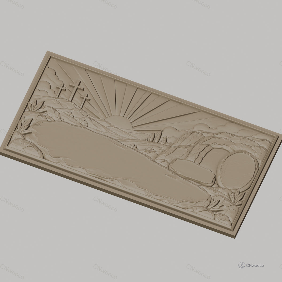 Fichier CNC & impression 3D scène de résurrection, tombeau vide, trois croix et lever de soleil, haute qualité relief STL