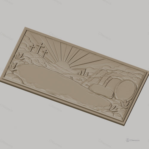 Fichier CNC & impression 3D scène de résurrection, tombeau vide, trois croix et lever de soleil, haute qualité relief STL