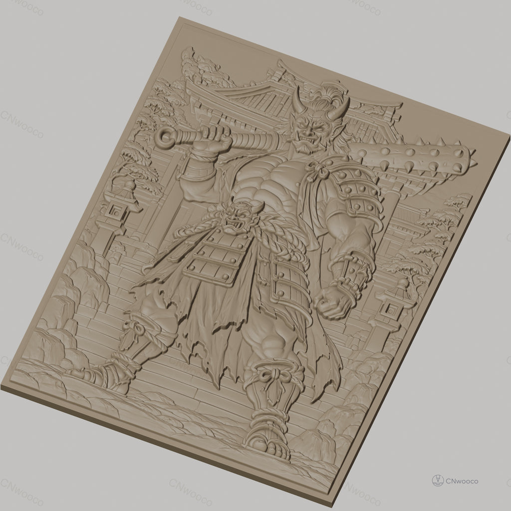 Fichier CNC & impression 3D Oni japonais guerrier, relief détaillé avec bâtiment traditionnel, haute qualité relief STL