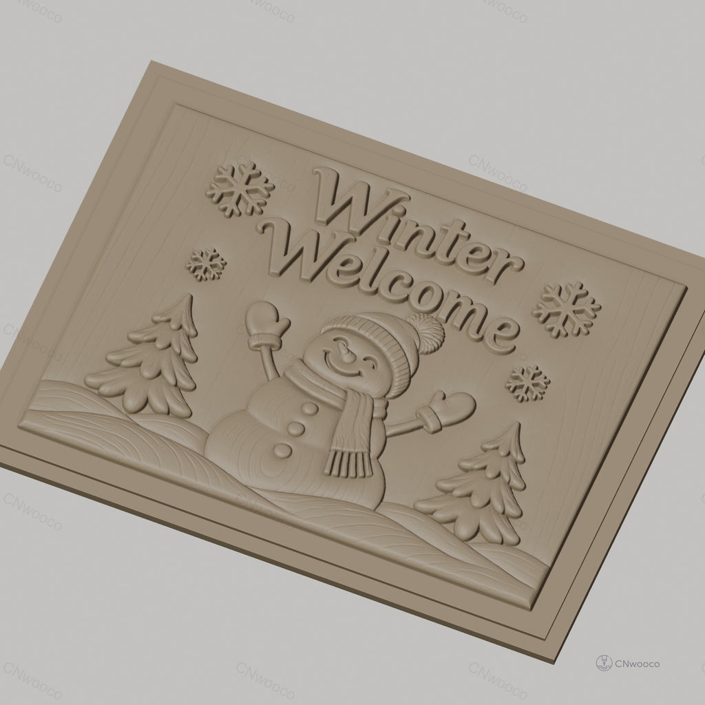 Fichier CNC & impression 3D bonhomme de neige hiver, sapins et flocons, haute qualité relief STL