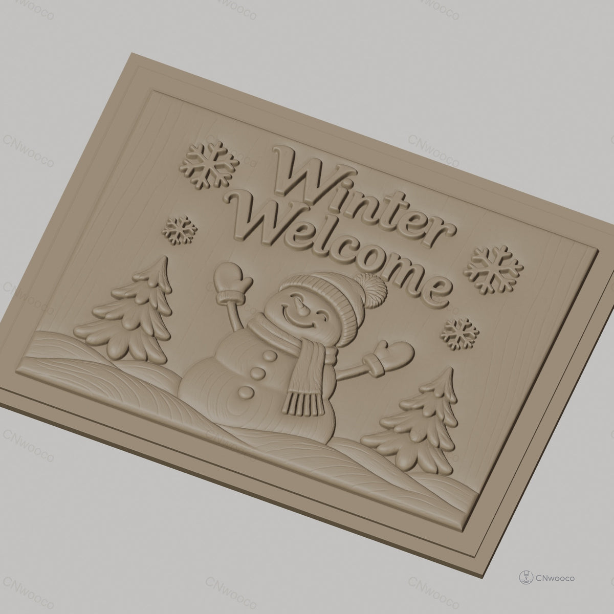 Fichier CNC & impression 3D bonhomme de neige hiver, sapins et flocons, haute qualité relief STL