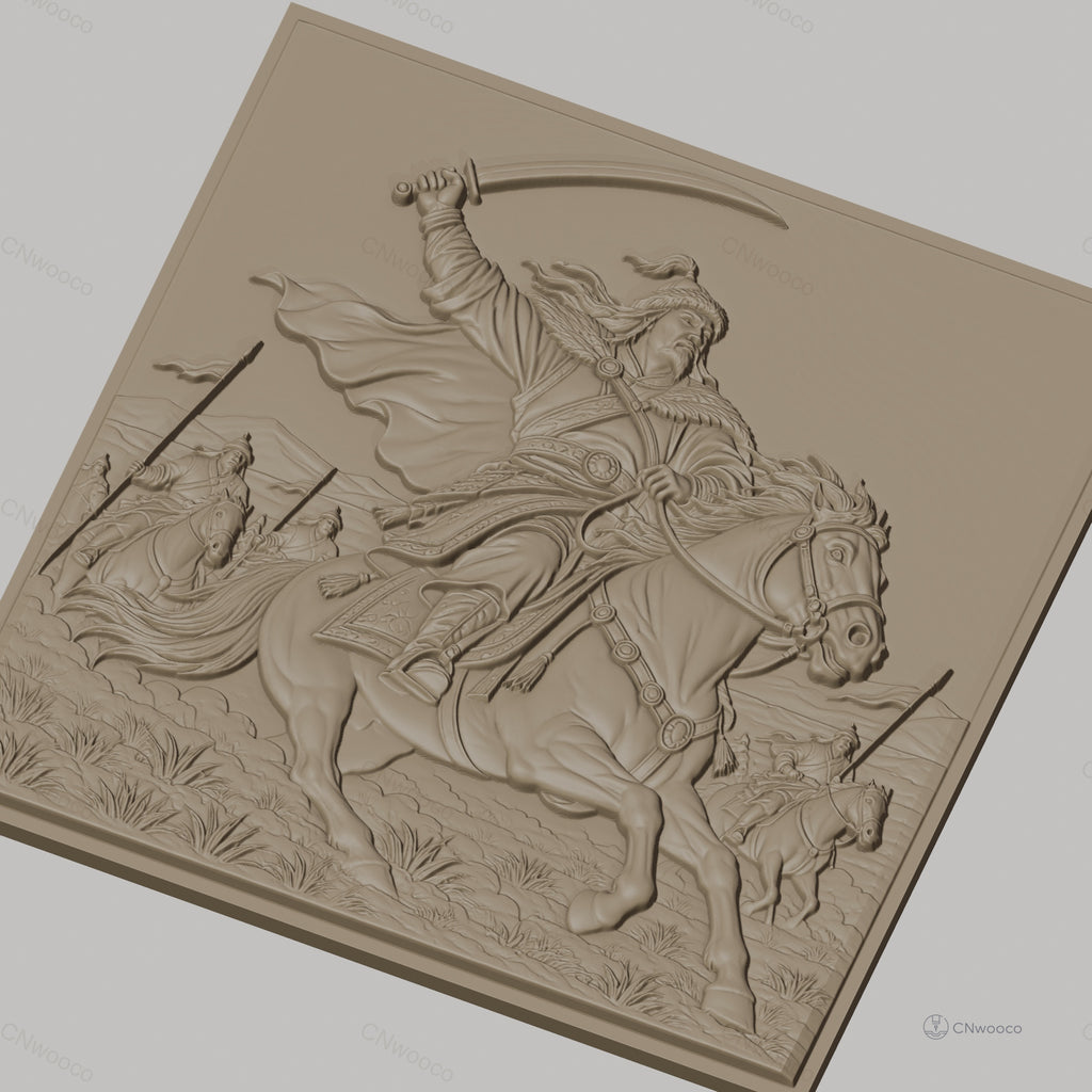 Fichier CNC & impression 3D cavalier guerrier à cheval, scène de bataille avec épée, haute qualité relief STL