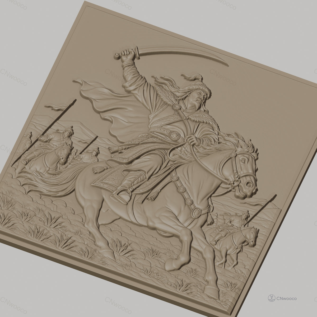 Fichier CNC & impression 3D cavalier guerrier à cheval, scène de bataille avec épée, haute qualité relief STL