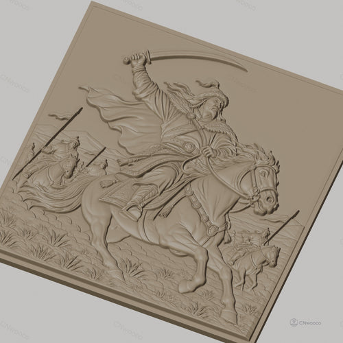 Fichier CNC & impression 3D cavalier guerrier à cheval, scène de bataille avec épée, haute qualité relief STL
