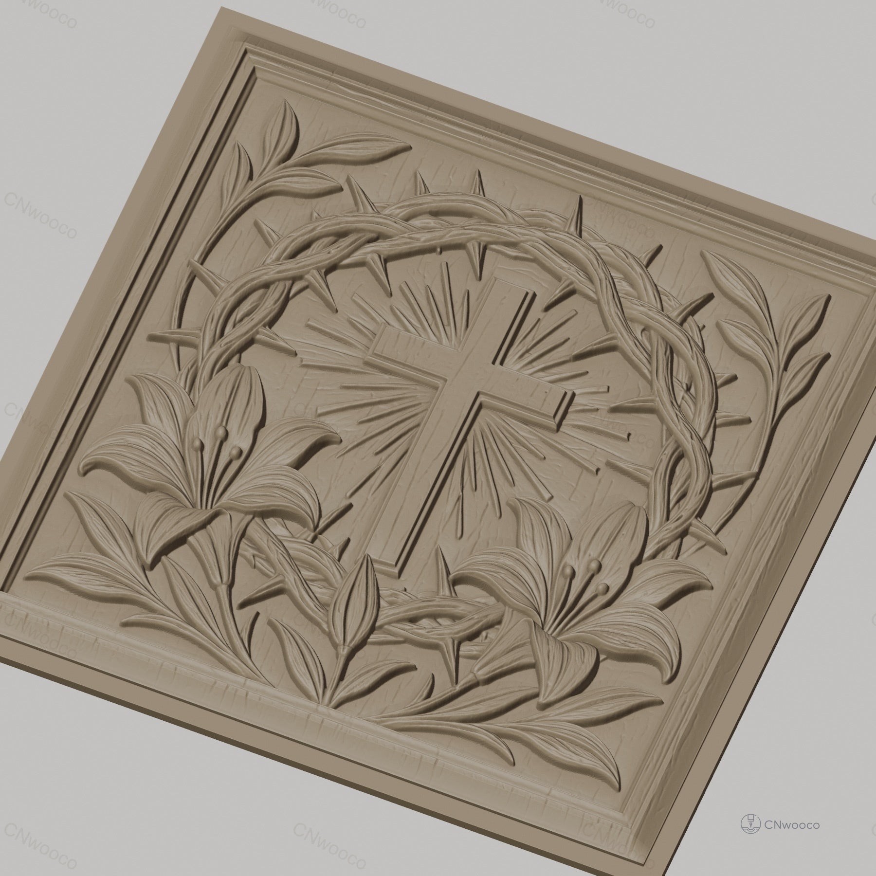 Fichier CNC & impression 3D croix chrétienne, couronne d’épines et lys, haute qualité relief STL
